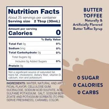 Jordan's Skinny Syrups Sugar Free Coffee Syrup, Butter Toffee Flavor Drink Mix, Zero Calorie Flavoring for Lattes, Protein Shake, Food & More, Gluten Free, Keto Friendly, 25.4 Fl Oz, 1 Pack