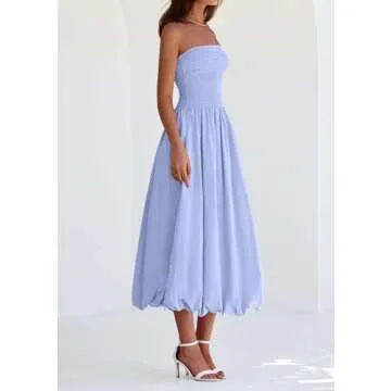 PRETTYGARDEN Women's 2025 Summer Strapless Tube Midi Dress Smocked A Line Bubble Long Flowy Casual Elegant Party Dresses (Sky Blue,Medium)