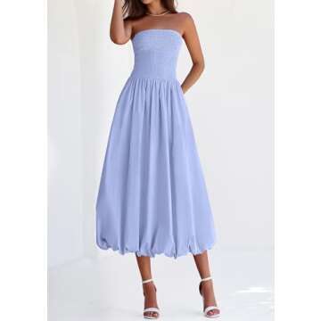 PRETTYGARDEN Women's 2025 Summer Strapless Tube Midi Dress Smocked A Line Bubble Long Flowy Casual Elegant Party Dresses (Sky Blue,Medium)