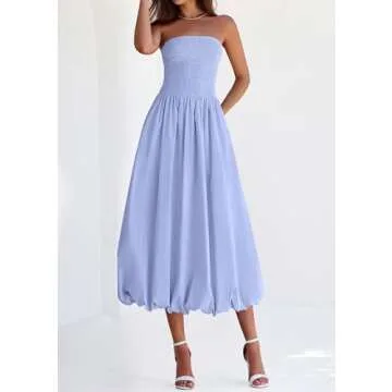 PRETTYGARDEN Women's 2025 Summer Strapless Tube Midi Dress Smocked A Line Bubble Long Flowy Casual Elegant Party Dresses (Sky Blue,Medium)