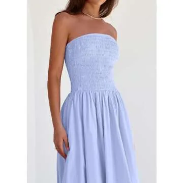 PRETTYGARDEN Women's 2025 Summer Strapless Tube Midi Dress Smocked A Line Bubble Long Flowy Casual Elegant Party Dresses (Sky Blue,Medium)