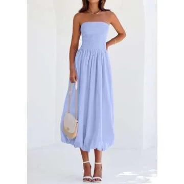 PRETTYGARDEN Women's 2025 Summer Strapless Tube Midi Dress Smocked A Line Bubble Long Flowy Casual Elegant Party Dresses (Sky Blue,Medium)