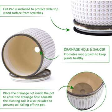 D'vine Dev 6 Inch Ceramic Beaded Stoneware Planter Pot - Flower Pot with Drainage Holes and Saucers for Indoor Succulent Plants or Flowers, Smoked White, 27-C-X-1