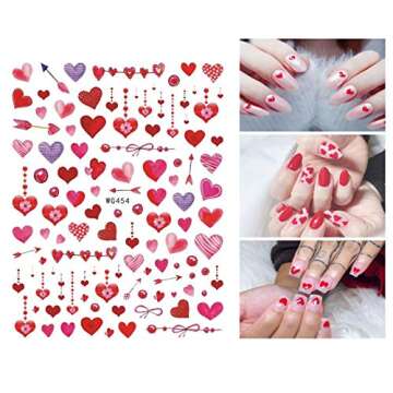 6 Sheets Valentine's Day Nail Art Stickers - 3D Nail Self-Adhesive Decals-Heart Lips Pattern Designs - Heart Nail Stickers for Women Girls Kids - Lips Nail Decals - Nail Sticker for Nail Decor