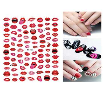 6 Sheets Valentine's Day Nail Art Stickers - 3D Nail Self-Adhesive Decals-Heart Lips Pattern Designs - Heart Nail Stickers for Women Girls Kids - Lips Nail Decals - Nail Sticker for Nail Decor