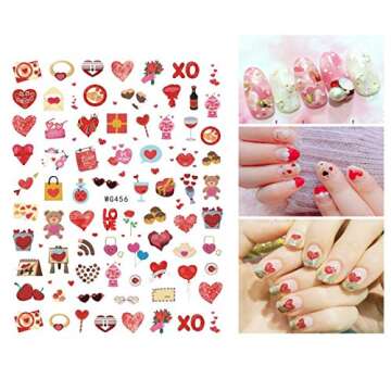 6 Sheets Valentine's Day Nail Art Stickers - 3D Nail Self-Adhesive Decals-Heart Lips Pattern Designs - Heart Nail Stickers for Women Girls Kids - Lips Nail Decals - Nail Sticker for Nail Decor