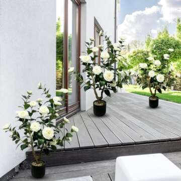 Tall Artificial 2Pack White Camellia Tree Potted Bushes UV Resistant Potted Plants for Indoor Outdoor Home Garden (2Pack White Camellia Tree)