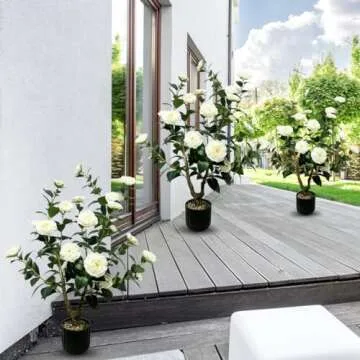 Tall Artificial 2Pack White Camellia Tree Potted Bushes UV Resistant Potted Plants for Indoor Outdoor Home Garden (2Pack White Camellia Tree)