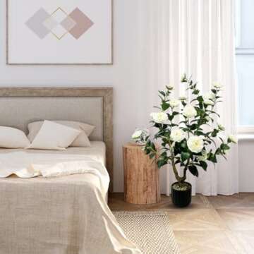 Tall Artificial 2Pack White Camellia Tree Potted Bushes UV Resistant Potted Plants for Indoor Outdoor Home Garden (2Pack White Camellia Tree)