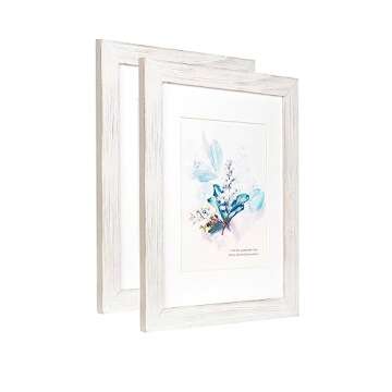 KAIWIN 100% Solid Wood White 11x14 Picture Frame 2 Pack Display Picture 8x10 with Mat, HD Glass Inside, Rustic Wooden Photo Frames for Wall Mounting