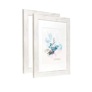 KAIWIN 100% Solid Wood White 11x14 Picture Frame 2 Pack Display Picture 8x10 with Mat, HD Glass Inside, Rustic Wooden Photo Frames for Wall Mounting