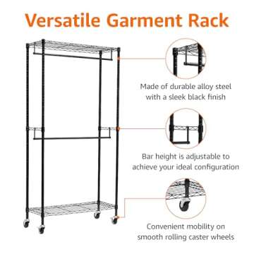 Amazon Basics Adjustable, Double Hanging Rod Garment Rolling Closet Organizer Rack with Wheels, Heav...