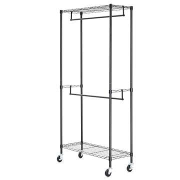 Amazon Basics Adjustable, Double Hanging Rod Garment Rolling Closet Organizer Rack with Wheels, Heavy Duty, Black, 36'' x 14'' x 72'', WI-GAR1436B