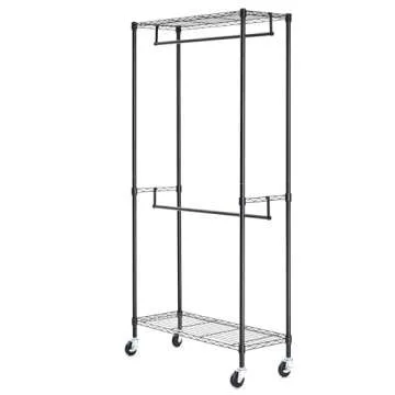 Amazon Basics Adjustable, Double Hanging Rod Garment Rolling Closet Organizer Rack with Wheels, Heavy Duty, Black, 36'' x 14'' x 72'', WI-GAR1436B