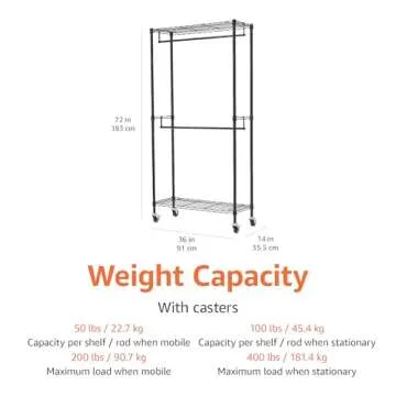 Amazon Basics Adjustable, Double Hanging Rod Garment Rolling Closet Organizer Rack with Wheels, Heavy Duty, Black, 36'' x 14'' x 72'', WI-GAR1436B