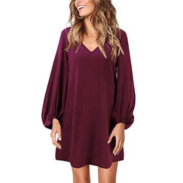 SOLERSUN Babydoll Dress for Women, Women's Casual Chiffon Flared Sleeve Sweet&Cute V Neck Loose Flowy Swing Pullover Party Mini Tunic T Shirt Dress Ladies A-Line Knee Length Shift Dress Wine Red M