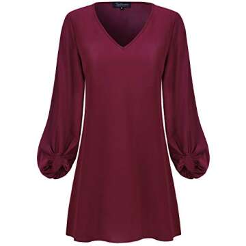 SOLERSUN Babydoll Dress for Women, Women's Casual Chiffon Flared Sleeve Sweet&Cute V Neck Loose Flowy Swing Pullover Party Mini Tunic T Shirt Dress Ladies A-Line Knee Length Shift Dress Wine Red M