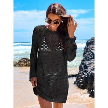 ANRABESS Women Swimsuit Crochet Swim Cover Up 2025 Summer Bathing Suit Swimwear Mesh Knit Beach Dress Vacation Outfits Black Small