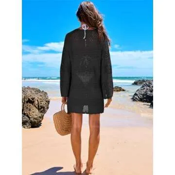 ANRABESS Women Swimsuit Crochet Swim Cover Up 2025 Summer Bathing Suit Swimwear Mesh Knit Beach Dress Vacation Outfits Black Small