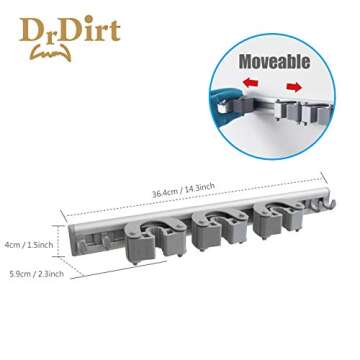 DrDirt Broom Holder Wall Mount, Durable Aluminum Mop and Broom Holder with 3 Sliding Grippers & 4 Ho...