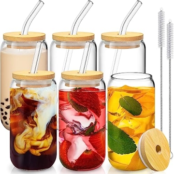 6 Pcs Drinking Glasses with Bamboo Lids and Glass Straw - 16 Oz Can Shaped Glass Cups for Beer, Ice ...
