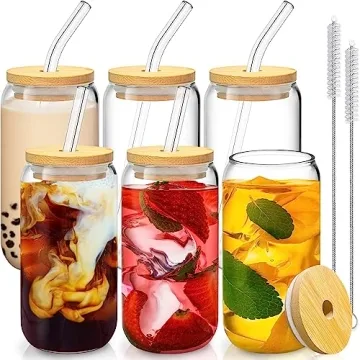 6 Pcs Drinking Glasses with Bamboo Lids and Glass Straw - 16 Oz Can Shaped Glass Cups for Beer, Ice ...