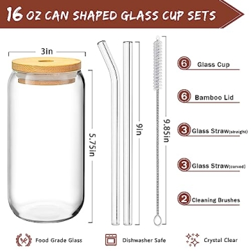 6 Pcs Drinking Glasses with Bamboo Lids and Glass Straw - 16 Oz Can Shaped Glass Cups for Beer, Ice Coffee, Cute Tumbler Cup Great for Soda Boba Tea Cocktail Include 2 Cleaning Brushes