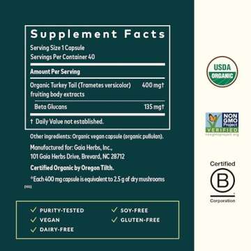 Gaia Herbs Turkey Tail Mushroom - Immune Support Supplement to Help Maintain Liver Health - with Organic Turkey Tail Mushroom Fruiting Body Extract - 40 Vegan Capsules