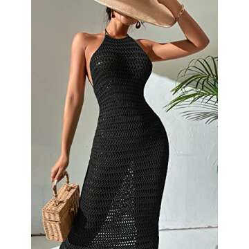 WDIRARA Women's Crochet Sleeveless Maxi Dress Backless Halter Bodycon Dresses Black S