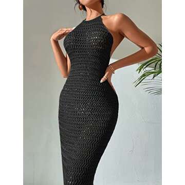 WDIRARA Women's Crochet Sleeveless Maxi Dress Backless Halter Bodycon Dresses Black S