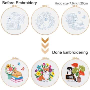 Louise Maelys 3 Sets Dog Embroidery Kits for Beginners with Animal and Flowers Pattern,Adults Starter Cross Stitch Kit DIY Needlepoint