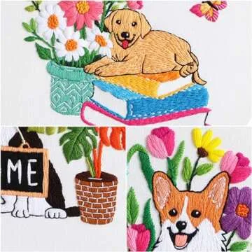 Louise Maelys 3 Sets Dog Embroidery Kits for Beginners with Animal and Flowers Pattern,Adults Starter Cross Stitch Kit DIY Needlepoint