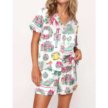 Argeousgor Women Christmas Pajamas Short Sets Santa Claus Button Down Shirt Shorts 2 Piece Xmas Nutc...
