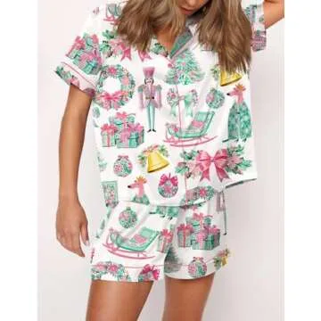 Argeousgor Women Christmas Pajamas Short Sets Santa Claus Button Down Shirt Shorts 2 Piece Xmas Nutcracker Pjs Sleepwear (F purple Nutcracker, S)