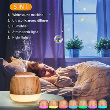 White Noise Machine and Aromatherapy Essential Oil Diffuser,with 7-Color Lights,10 Soothing Sounds, 2 Night Light,3 Timer and Waterless Auto Shut Off Sleep Sound Machine