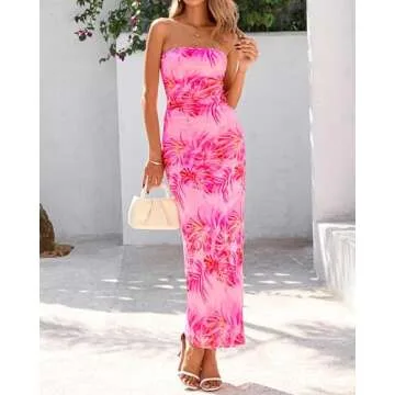 BTFBM Women's Floral Maxi Dresses Summer 2025 Strapless Tube Bodycon Mesh Layered Cocktail Party Wed...