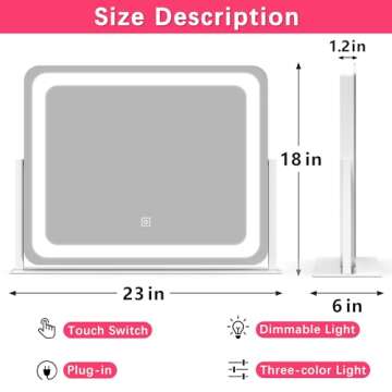 ROLOVE Vanity Mirror Makeup Mirror with Lights, Large Lighted Vanity Mirror, Light Up Mirror with Smart Touch 3 Colors Dimmable, Tabletop Mirror for Makeup Desk, 360° Rotation, 22" x 19", White