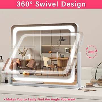 ROLOVE Vanity Mirror Makeup Mirror with Lights, Large Lighted Vanity Mirror, Light Up Mirror with Smart Touch 3 Colors Dimmable, Tabletop Mirror for Makeup Desk, 360° Rotation, 22" x 19", White