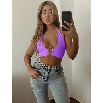 Mizoci Women's Sexy Summer Sleeveless Halter Deep V Neck Crop Top Tie Up Backless Cami,Purple,X-Small