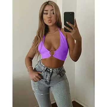 Mizoci Women's Sexy Summer Sleeveless Halter Deep V Neck Crop Top Tie Up Backless Cami,Purple,X-Small
