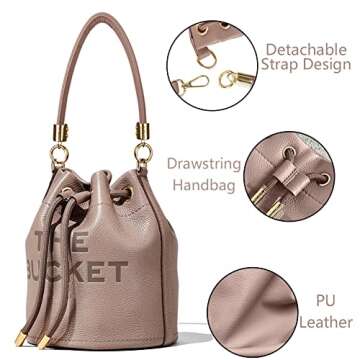 INPAKSA The Bucket Bag for Women Pu Leather Drawstring Handbag Tote Hobo Handbag Crossbody Bag Soft Adjustable, Khaki