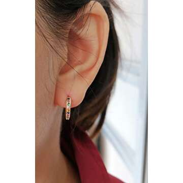 Rainbow 14K Gold Plated CZ Small Cartilage Hoop Earrings for Women Multicolored Cubic Zirconia Tiny Huggie Hoops Piercing Jewelry Gifts for Christams Party Birthday (10mm)