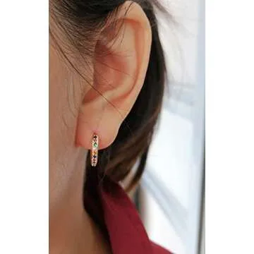 Rainbow 14K Gold Plated CZ Small Cartilage Hoop Earrings for Women Multicolored Cubic Zirconia Tiny Huggie Hoops Piercing Jewelry Gifts for Christams Party Birthday (10mm)