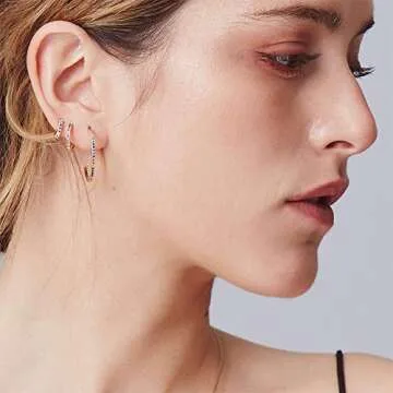 Rainbow 14K Gold Plated CZ Small Cartilage Hoop Earrings for Women Multicolored Cubic Zirconia Tiny Huggie Hoops Piercing Jewelry Gifts for Christams Party Birthday (10mm)