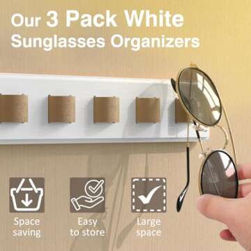 Durmmur 3 Pack Sunglass Organizer, Wall Mounted Sunglasses Organizer, Wooden Glasses Holder Sunglass Holder, Sunglasses Rack for Hanging Your Multiple Eyeglasses, for Wall, Home Decor(White)