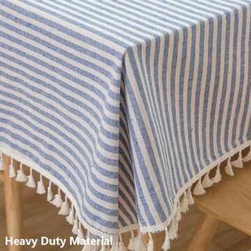 TruDelve Cotton Blend Tablecloth Blue and White Striped Tablecloth with Tassels Boho Table Cloth Rectangle Table Cover (Blue,70"x55",Rectangular)