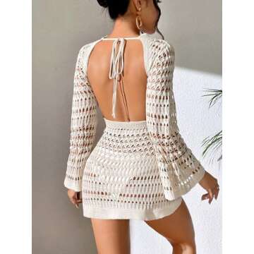 Verdusa Women's Hollow Out Crochet Tied Backless Swimsuit Dress Beach Cover Up Beige Medium