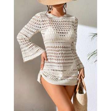 Verdusa Women's Hollow Out Crochet Tied Backless Swimsuit Dress Beach Cover Up Beige Medium