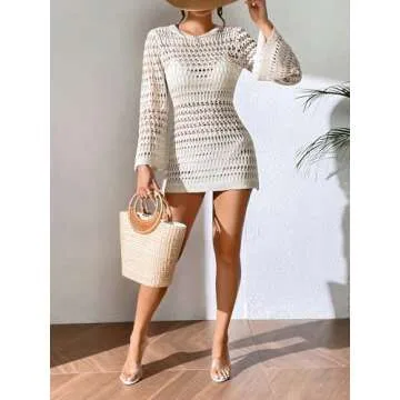 Verdusa Women's Hollow Out Crochet Tied Backless Swimsuit Dress Beach Cover Up Beige Medium