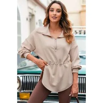 Dokotoo Womens Fall Winter Oversized Half Zip Sweatshirts Drawstring Waist Long Sleeve Side Slits Casual Loose Sweatshirt Lightweight Warm Soft Pullover Outwear Fashion Trendy Clothes Khaki X-Large